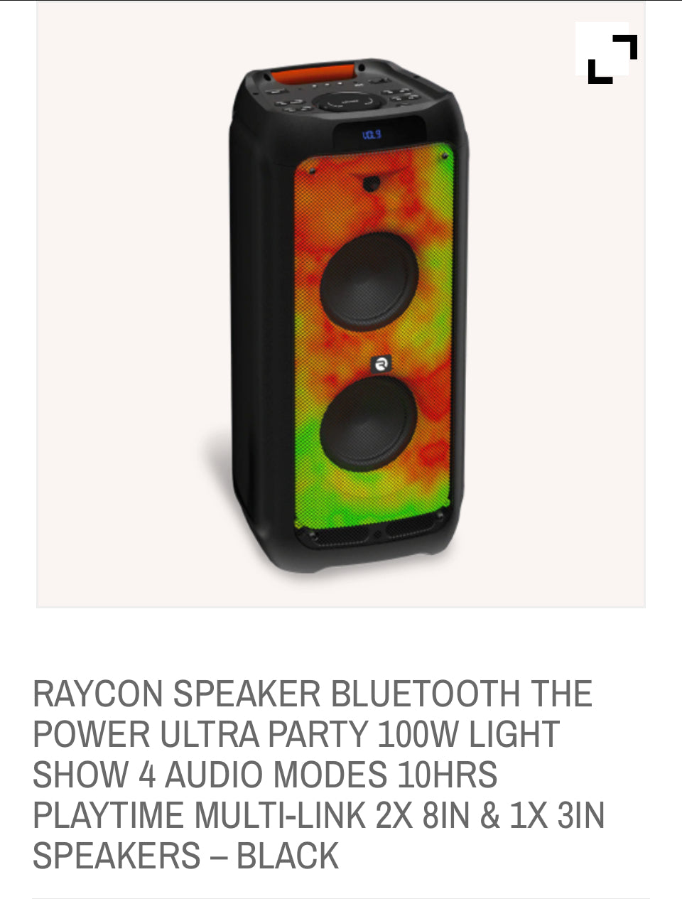 RAYCON SPEAKER BLUETOOTH THE POWER ULTRA PARTY 100W LIGHT SHOW 4 AUDIO MODES 10HRS PLAYTIME MULTI-LINK 2X 8IN & 1X 3IN SPEAKERS – BLACK