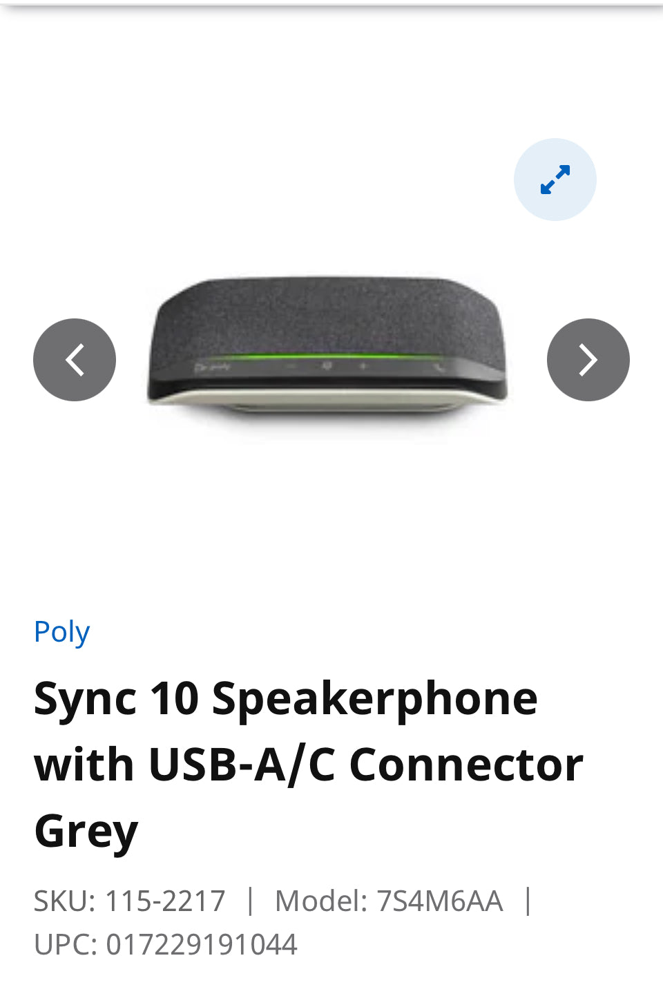 Sync 10 Speakerphone with USB-A/C Connector Grey SKU: 115-2217 Model: 7S4M6AA UPC: 017229191044