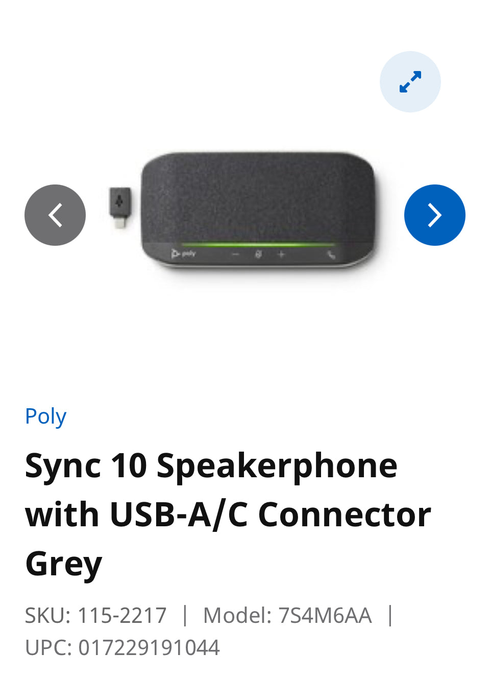 Sync 10 Speakerphone with USB-A/C Connector Grey SKU: 115-2217 Model: 7S4M6AA UPC: 017229191044