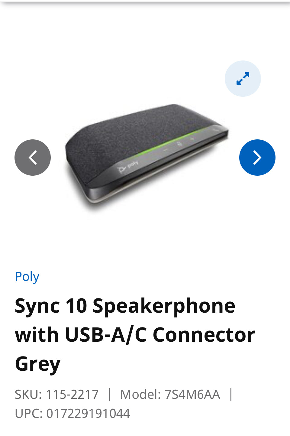 Sync 10 Speakerphone with USB-A/C Connector Grey SKU: 115-2217 Model: 7S4M6AA UPC: 017229191044