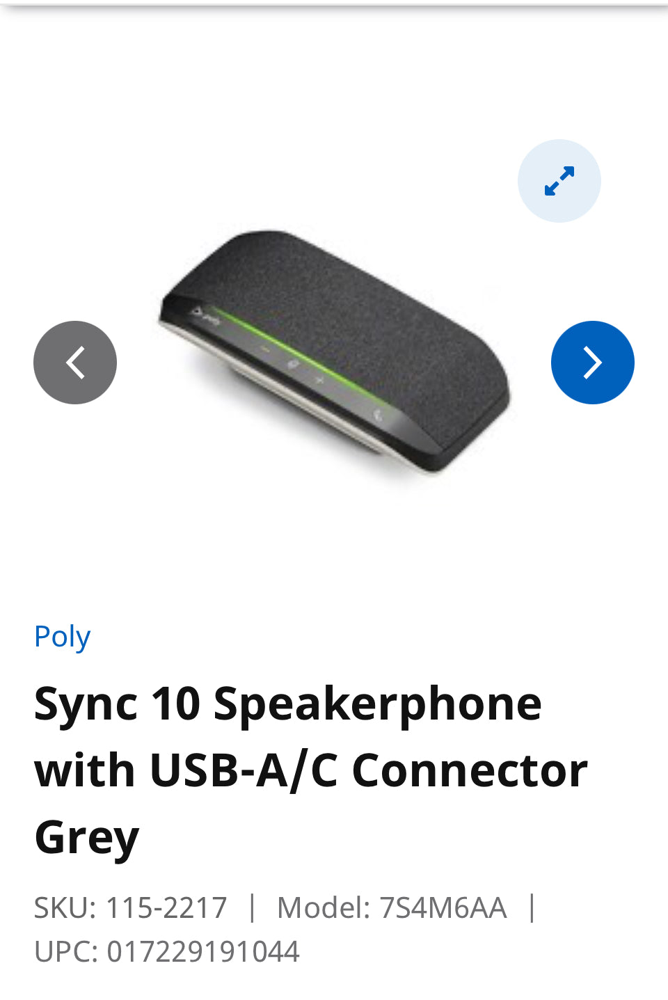 Sync 10 Speakerphone with USB-A/C Connector Grey SKU: 115-2217 Model: 7S4M6AA UPC: 017229191044