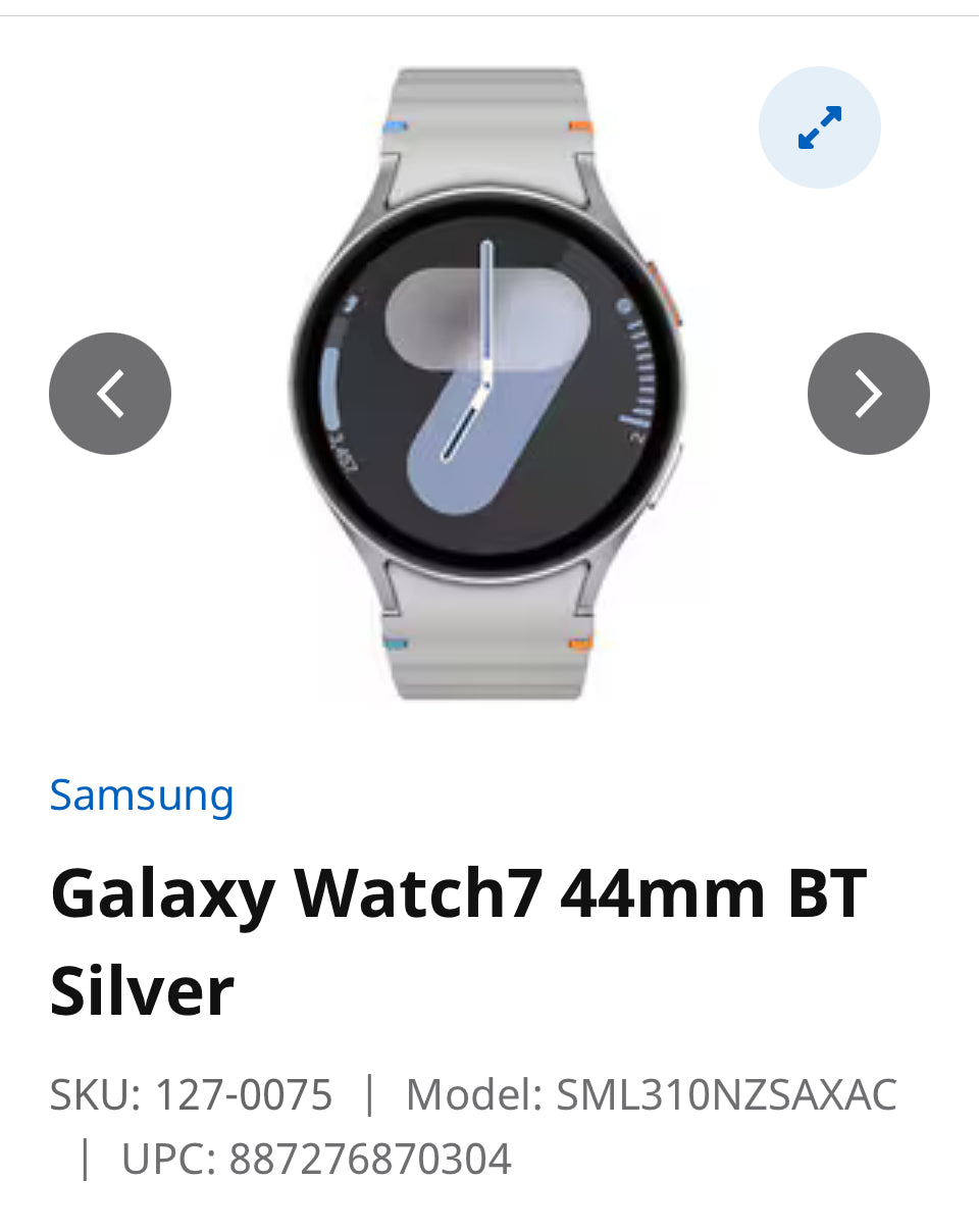 Galaxy Watch7 44mm BT Silver SKU: 127-0075 Model: SML310NZSAXAC UPC: 887276870304