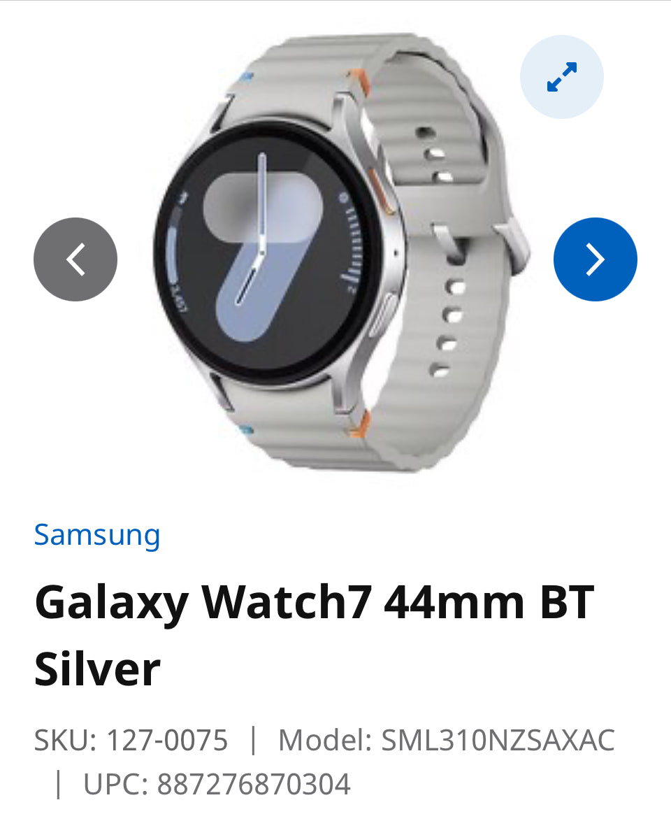Galaxy Watch7 44mm BT Silver SKU: 127-0075 Model: SML310NZSAXAC UPC: 887276870304