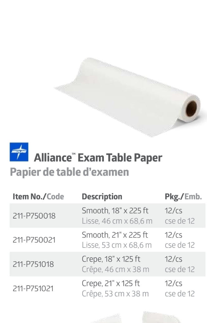 Alliance Exam Table Paper Crepe 21” x 125’, 12 rolls per case, pack of 6 cases, Product Code 211-P75021, Free Shipping in Canada; no extra charge for PST/GST/HST