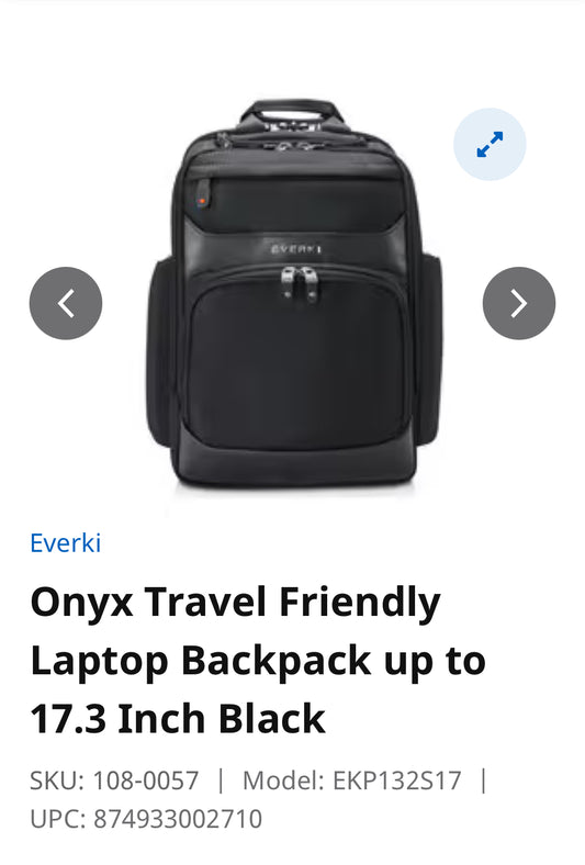 Onyx Travel Friendly Laptop Backpack up to 17.3 Inch Black SKU: 108-0057 Model: EKP132S17 UPC: 874933002710