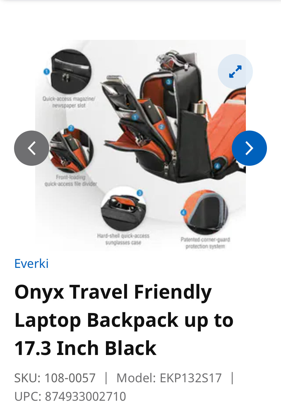 Onyx Travel Friendly Laptop Backpack up to 17.3 Inch Black SKU: 108-0057 Model: EKP132S17 UPC: 874933002710