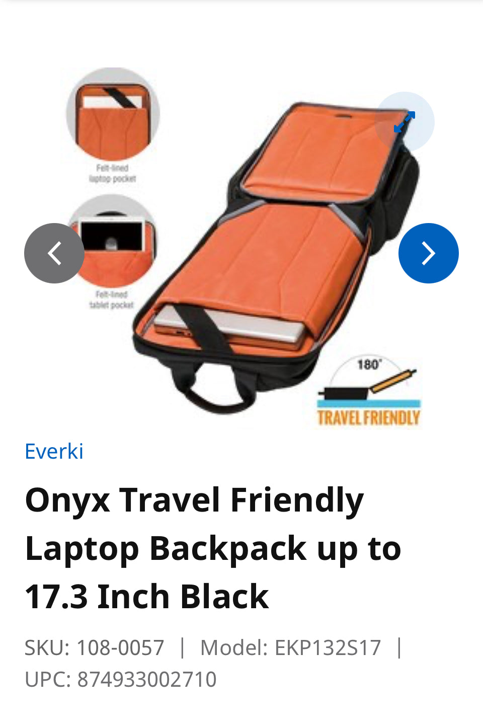 Onyx Travel Friendly Laptop Backpack up to 17.3 Inch Black SKU: 108-0057 Model: EKP132S17 UPC: 874933002710