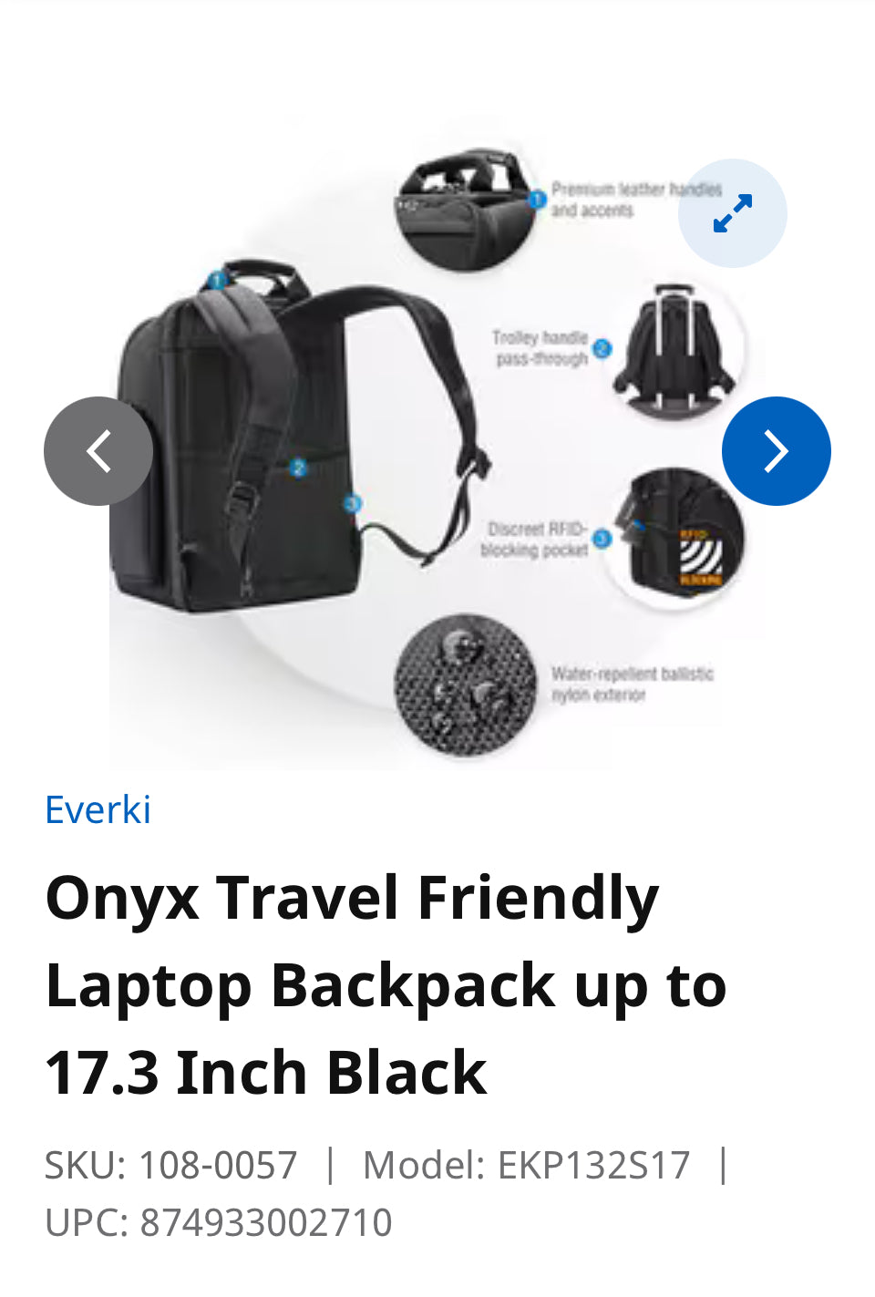 Onyx Travel Friendly Laptop Backpack up to 17.3 Inch Black SKU: 108-0057 Model: EKP132S17 UPC: 874933002710