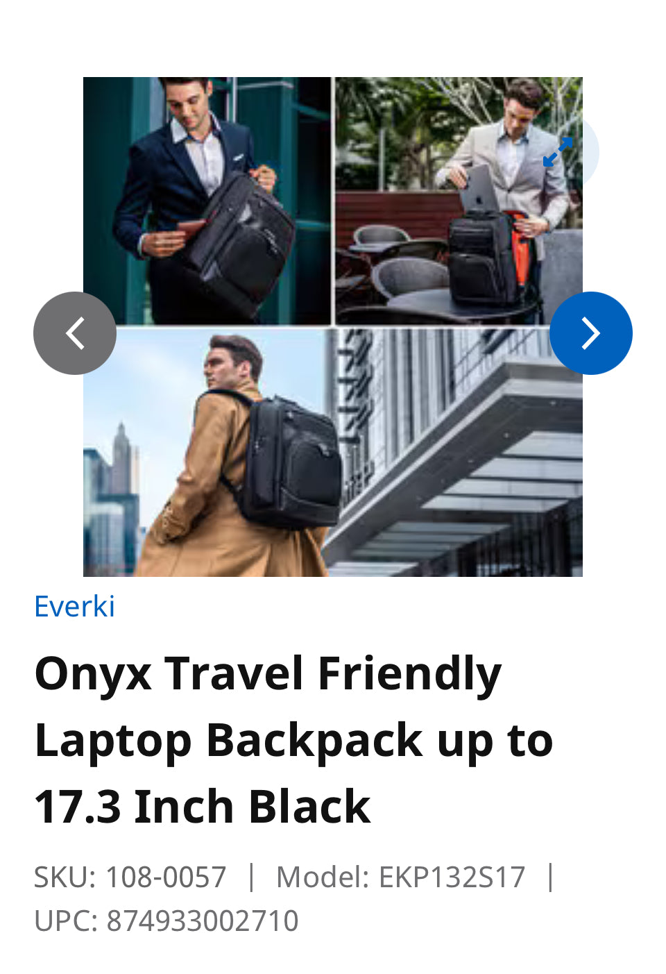 Onyx Travel Friendly Laptop Backpack up to 17.3 Inch Black SKU: 108-0057 Model: EKP132S17 UPC: 874933002710