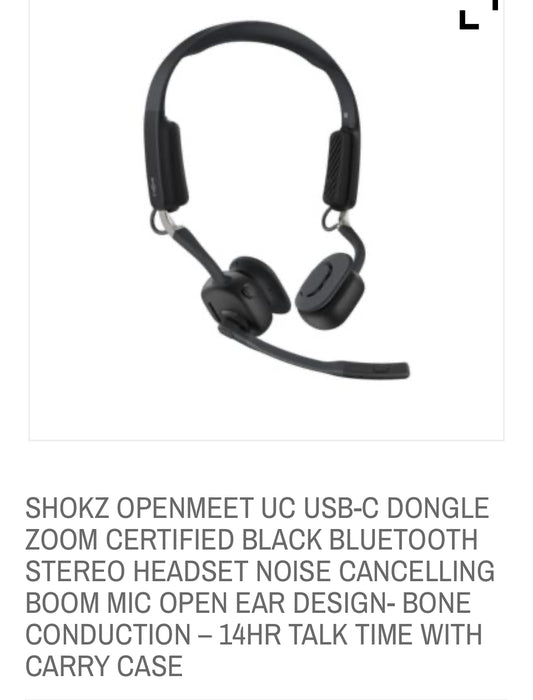 SHOKZ OPENMEET UC USB-C DONGLE ZOOM CERTIFIED BLACK BLUETOOTH STEREO HEADSET NOISE CANCELLING BOOM MIC OPEN EAR DESIGN- BONE CONDUCTION – 14HR TALK TIME WITH CARRY CASE-Free Shipping, Tax included
