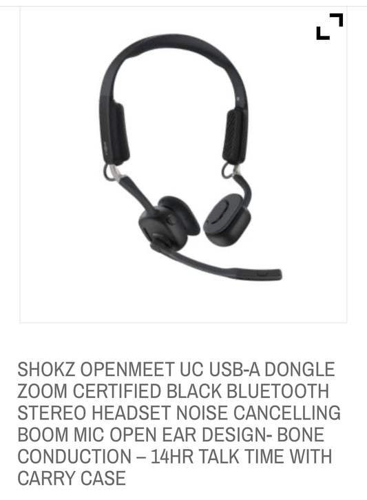 SHOKZ OPENMEET UC USB-A DONGLE ZOOM CERTIFIED BLACK BLUETOOTH STEREO HEADSET NOISE CANCELLING BOOM MIC OPEN EAR DESIGN- BONE CONDUCTION – 14HR TALK TIME WITH CARRY CASE-FREE SHIPPING TAX INCLUDED